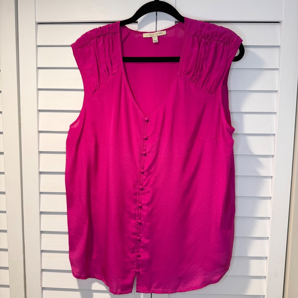 41 Hawthorn Silk Womens V Neck Sleeveless Button Front Blouse Top Magenta XL New